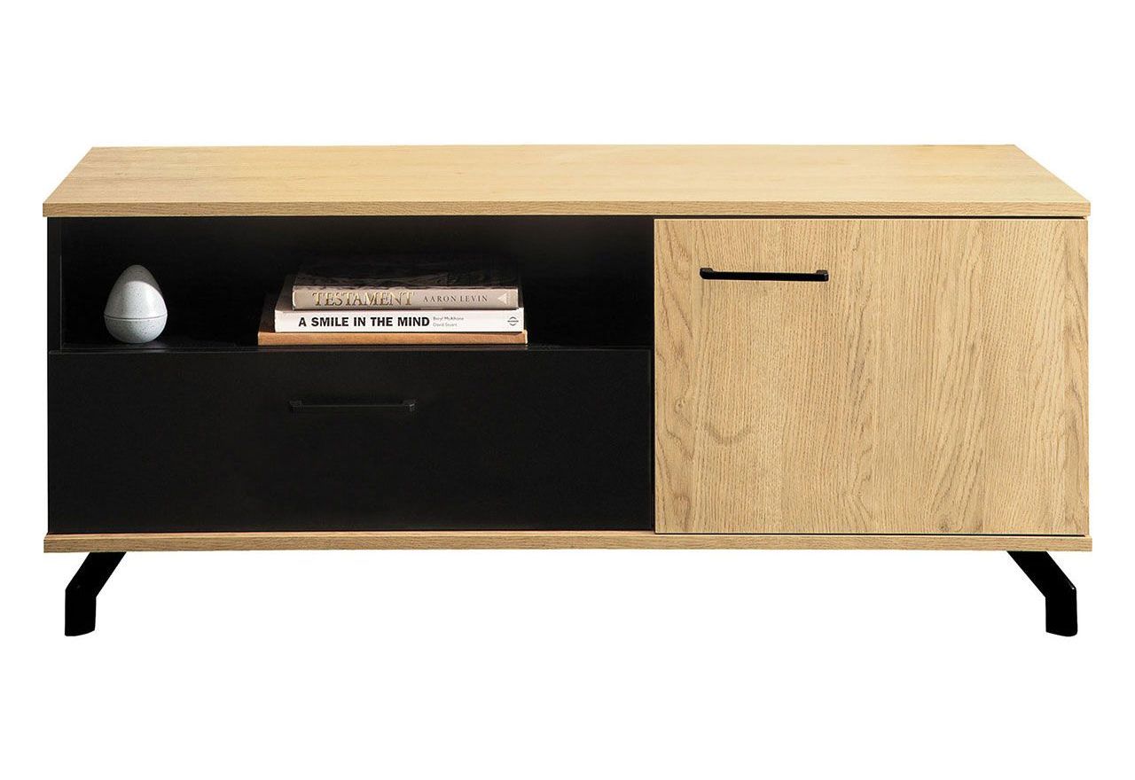 Pojemna i praktyczna szafka RTV 120 cm do salonu w stylu industrialnym, na metalowych nogach - MALISE Czarny / Dąb Biszkoptowy