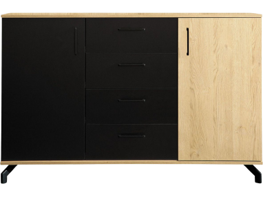 Elegancka komoda 140 cm z szufladami i szafkami w stylu industrialnym do salonu - MALISE Czarny / Dąb Biszkoptowy