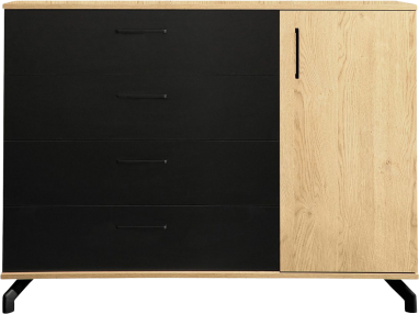 Industrialna komoda 120 cm do salonu, z szufladami, szafką, na czarnych nóżkach - MALISE Czarny / Dąb Biszkoptowy
