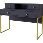Designerskie biurko z nadstawką, w granatowym kolorze ze złotymi nogami COLETTA