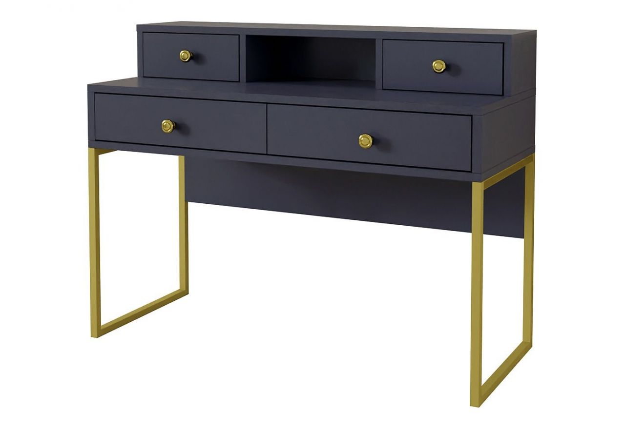 Designerskie biurko z nadstawką, w granatowym kolorze ze złotymi nogami COLETTA