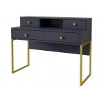 Designerskie biurko z nadstawką, w granatowym kolorze ze złotymi nogami COLETTA