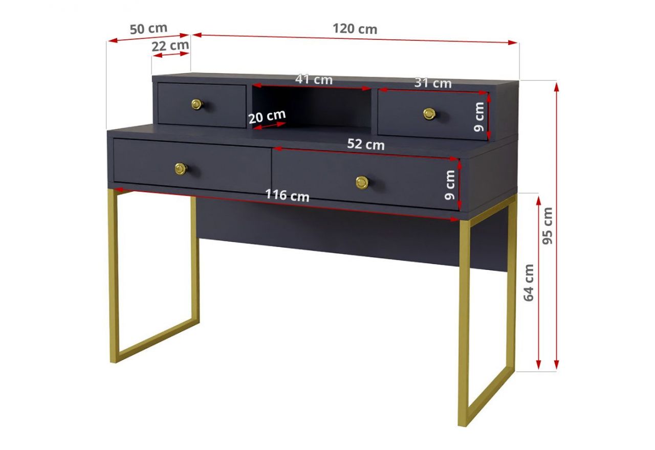 Designerskie biurko z nadstawką, w granatowym kolorze ze złotymi nogami COLETTA