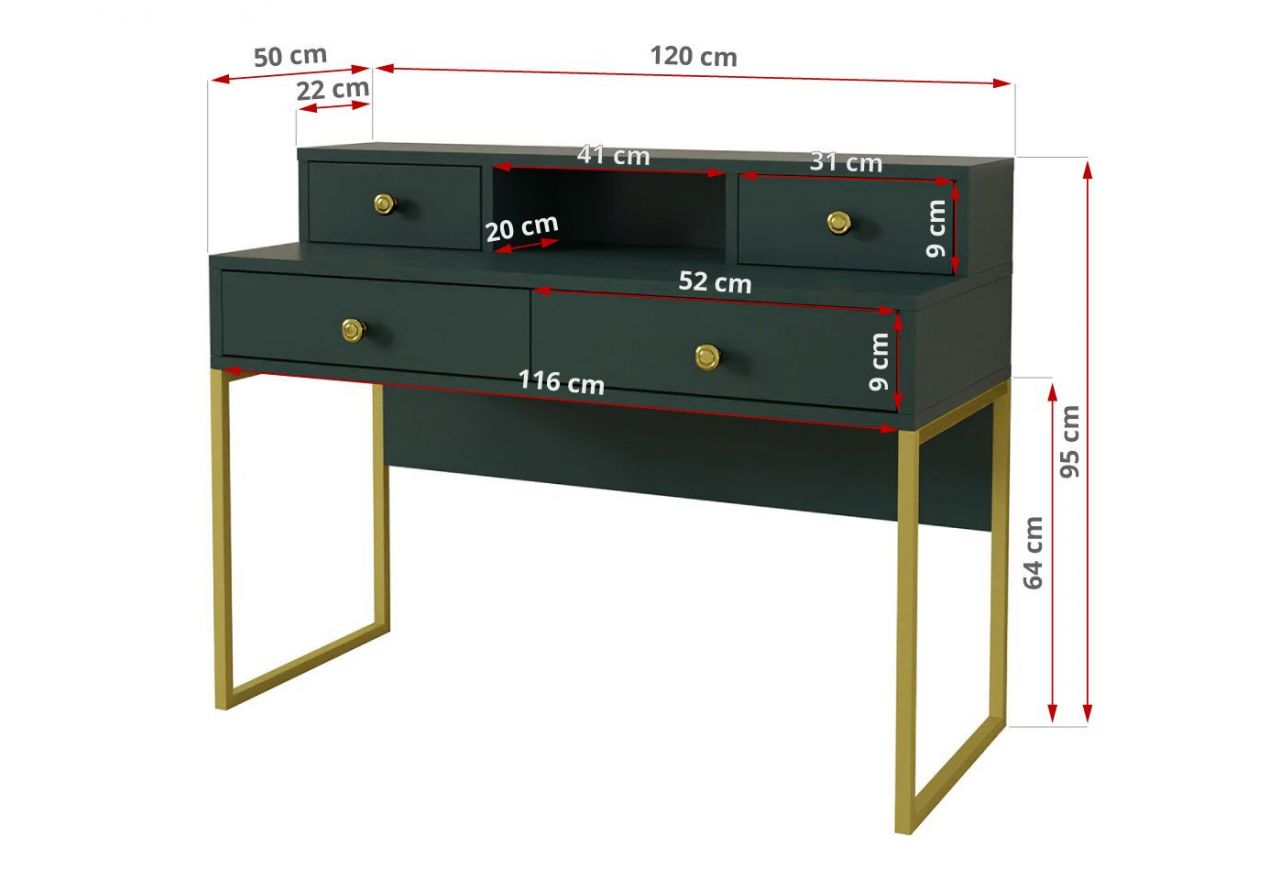 Piękne nowoczesne biurko w stylu glamour COLETTA zielono-złote z nadstawką i czterema szufladami