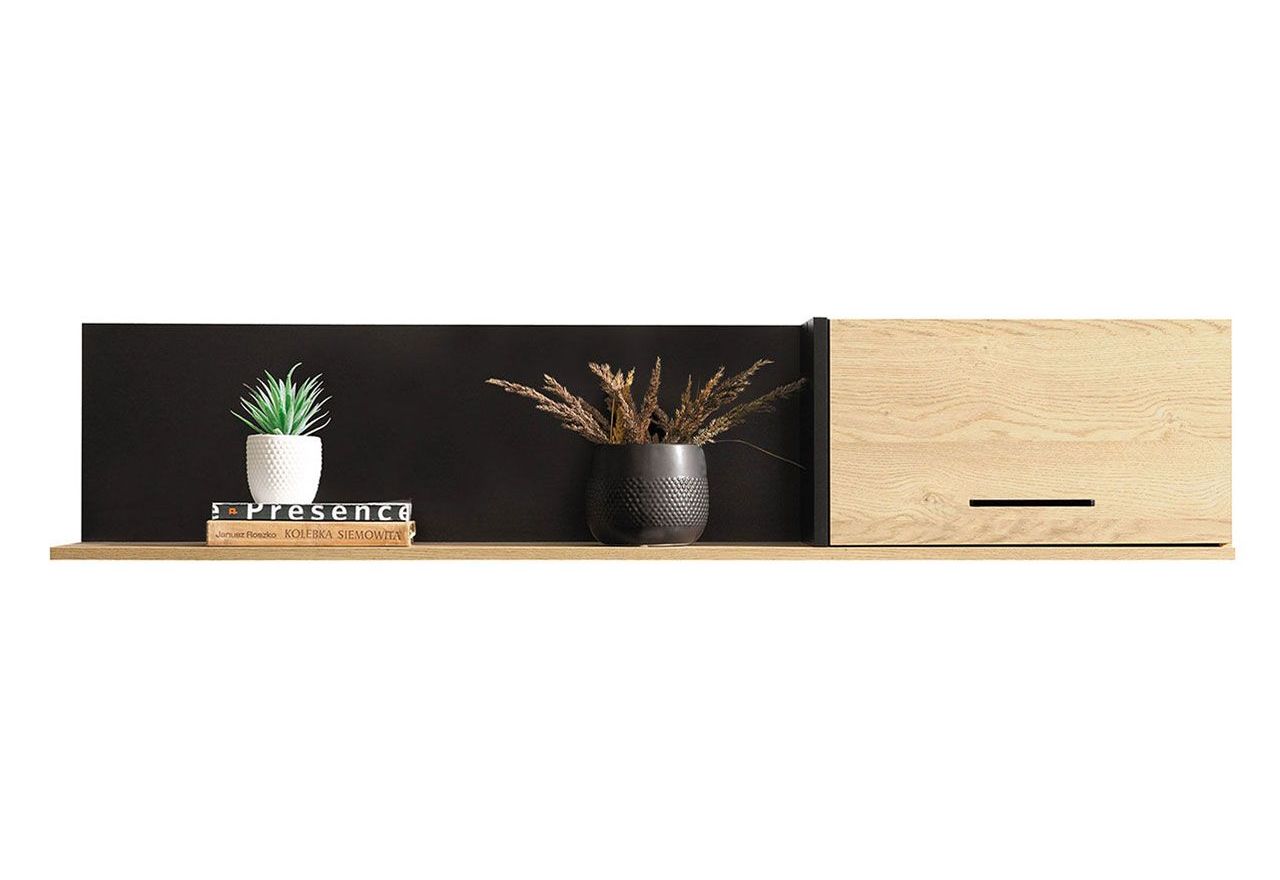 Modna, dwubarwna półka wisząca 140 cm z szafką po boku, idealna do salonu - MALISE Czarny / Dąb Biszkoptowy