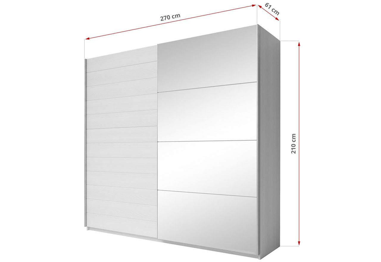 Szafa GALAKTA 270 cm do sypialni lub garderoby, biała z dwojgiem drzwi i lustrem