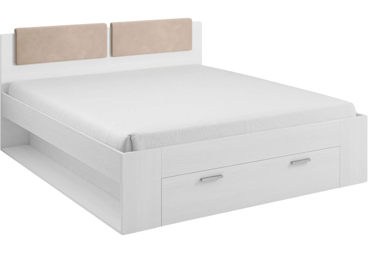 Duże stylowe łóżko dwuosobowe z zagłowiem i szufladą GALAKTA białe