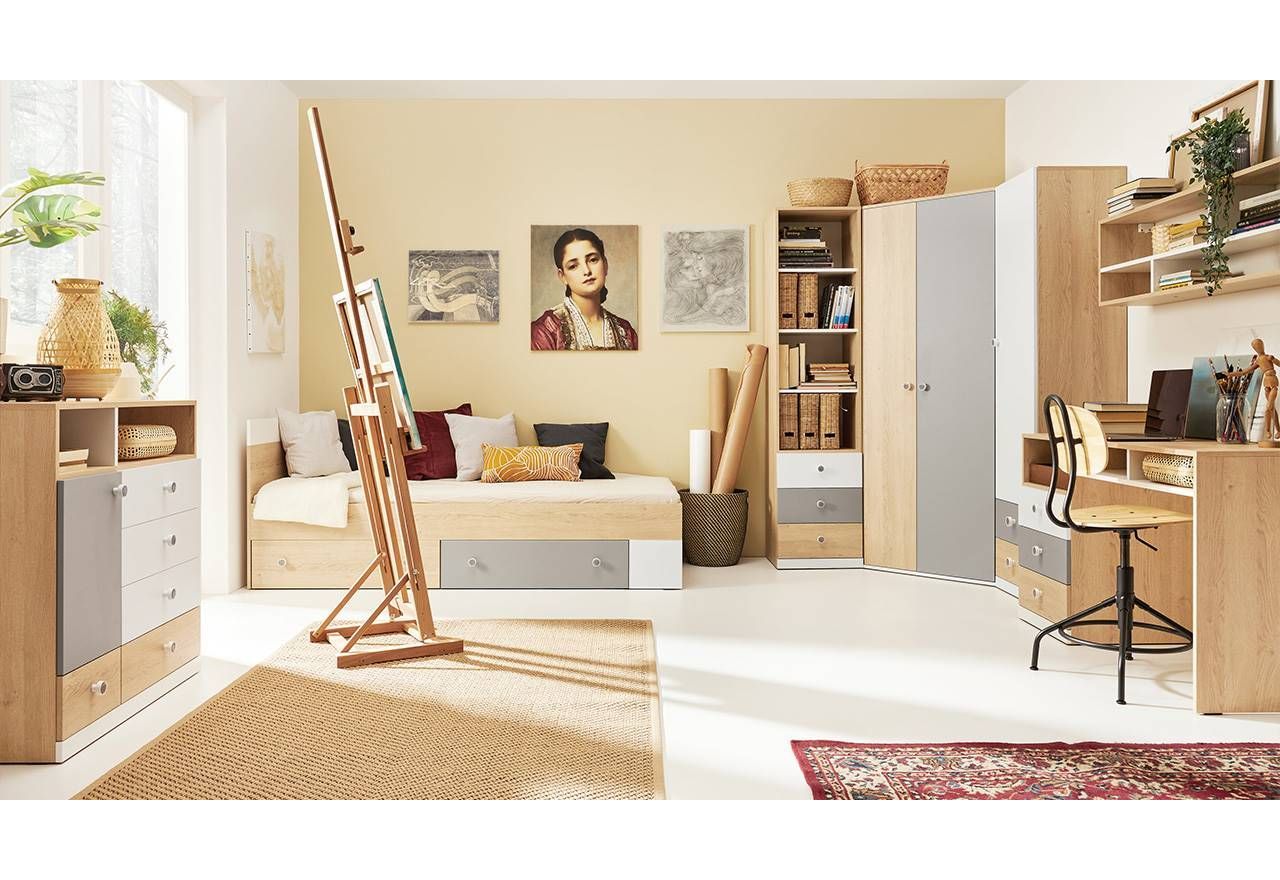 Łóżko jednoosobowe do pokoju młodzieżowego z szufladami na pościel - HESCO Biały lux / Dąb Biszkoptowy / Szary