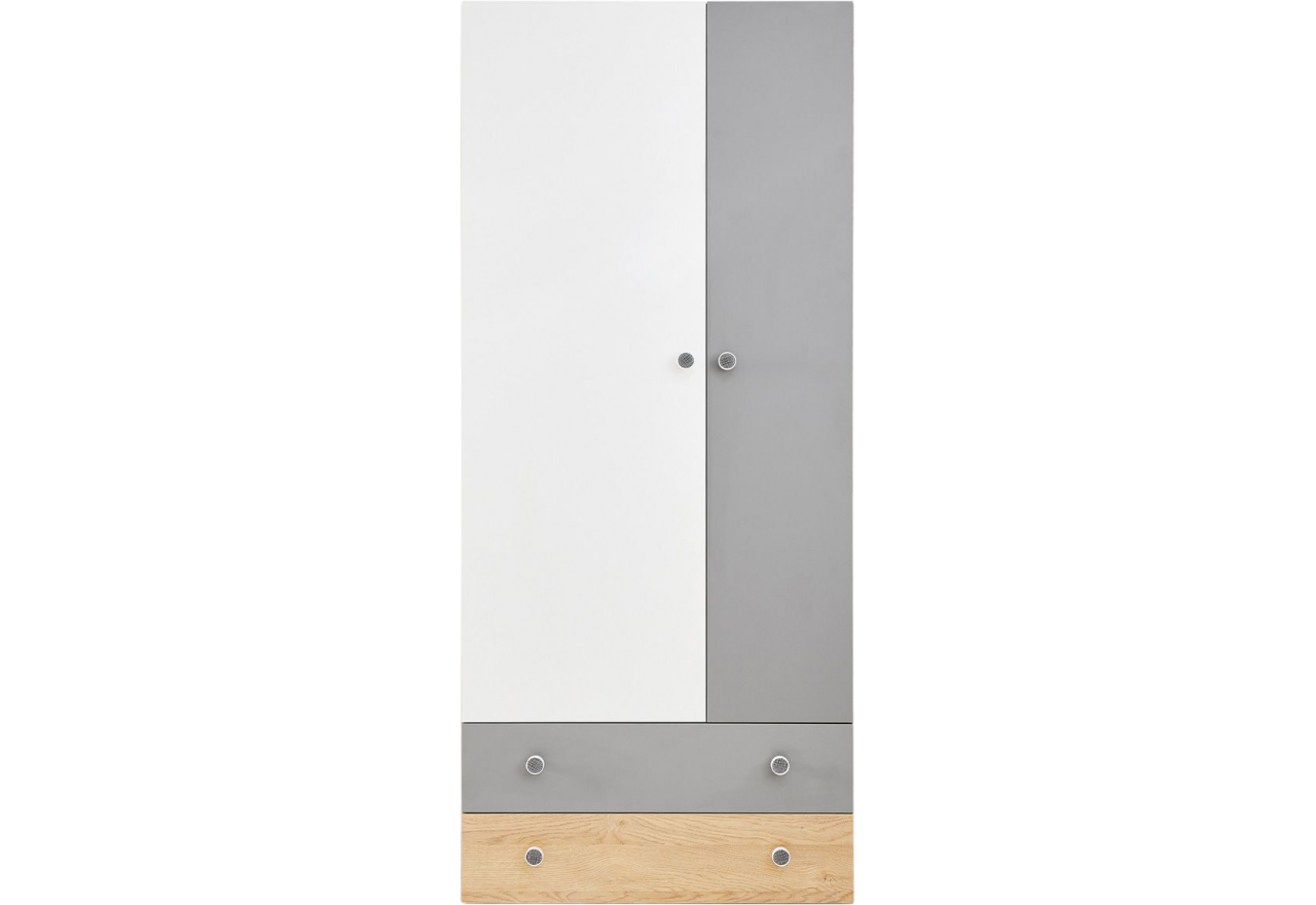 Dwudrzwiowa szafa tradycyjna 80 cm z szufladami do pokoju młodzieżowego - HESCO Biały lux / Dąb Biszkoptowy / Szary
