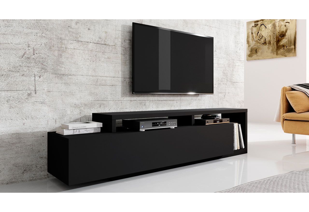Elegancka i nowoczesna niska komoda pod telewizor KAPPA w czarnym matowym kolorze