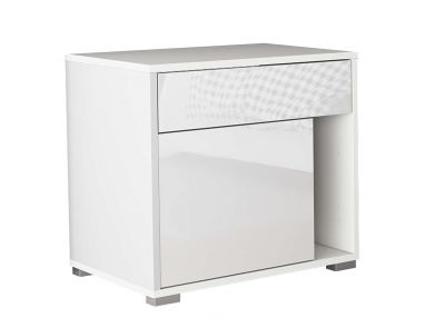 Elegancki, biały stolik nocny z otwieraną szafką, szufladą i wnęka do sypialni - DIMEO 1