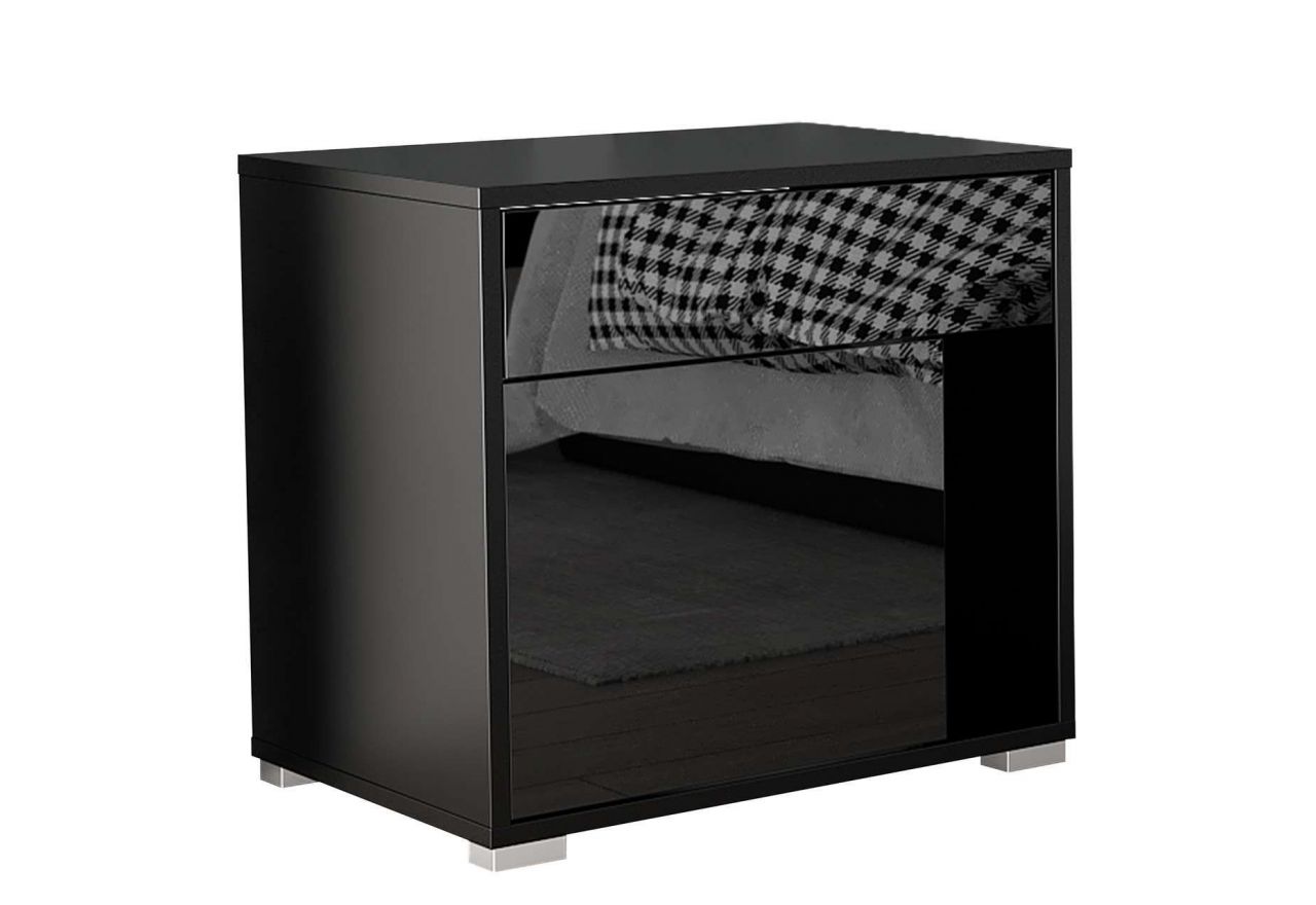 Czarny, luksusowy stolik nocny z szufladą i szafką do sypialni, fronty w połysku - DIMEO 1