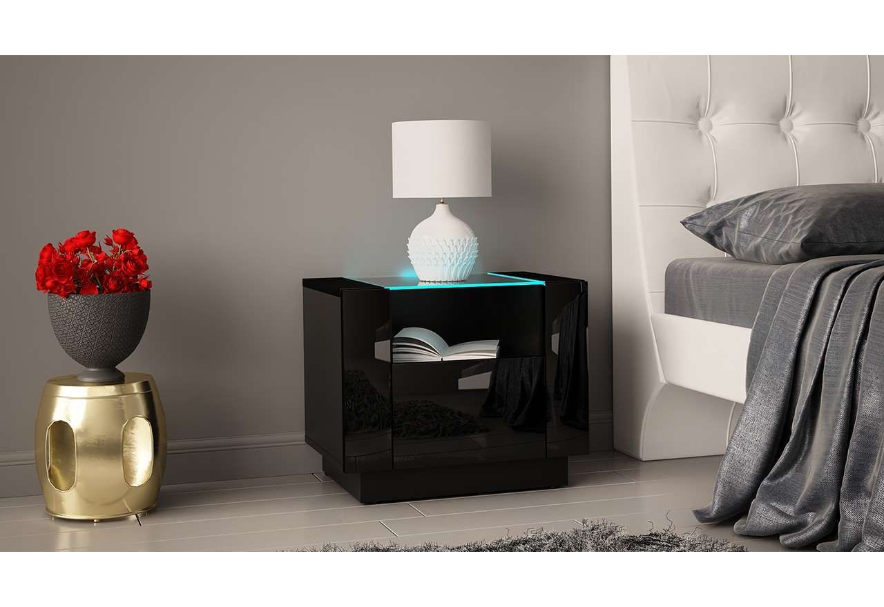 Stolik nocny w czarnym połysku do sypialni, z szufladą, szklaną półką oraz oświetleniem LED - ESCADA 4