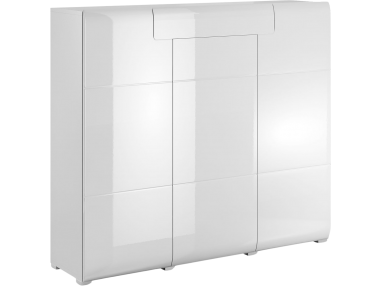 Designerska wysoka komoda do salonu trzydrzwiowa z szufladą ARONA biały połysk