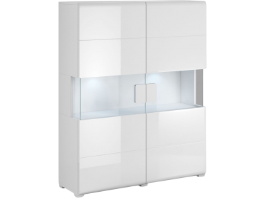 Dwudrzwiowa biała komoda do salonu ARONA z przeszkleniami w drzwiach i możliwością oświetlenia LED