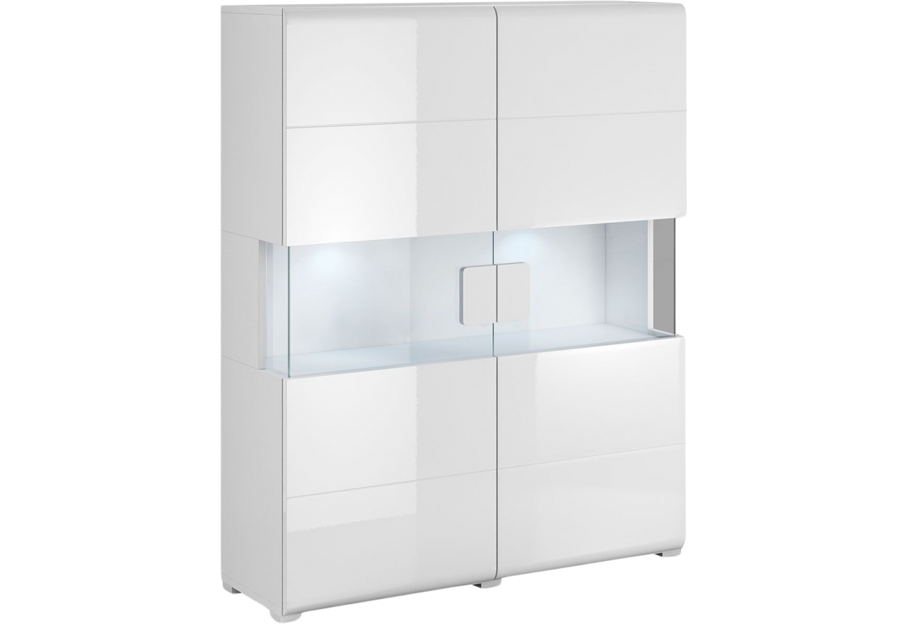 Dwudrzwiowa biała komoda do salonu ARONA z przeszkleniami w drzwiach i możliwością oświetlenia LED