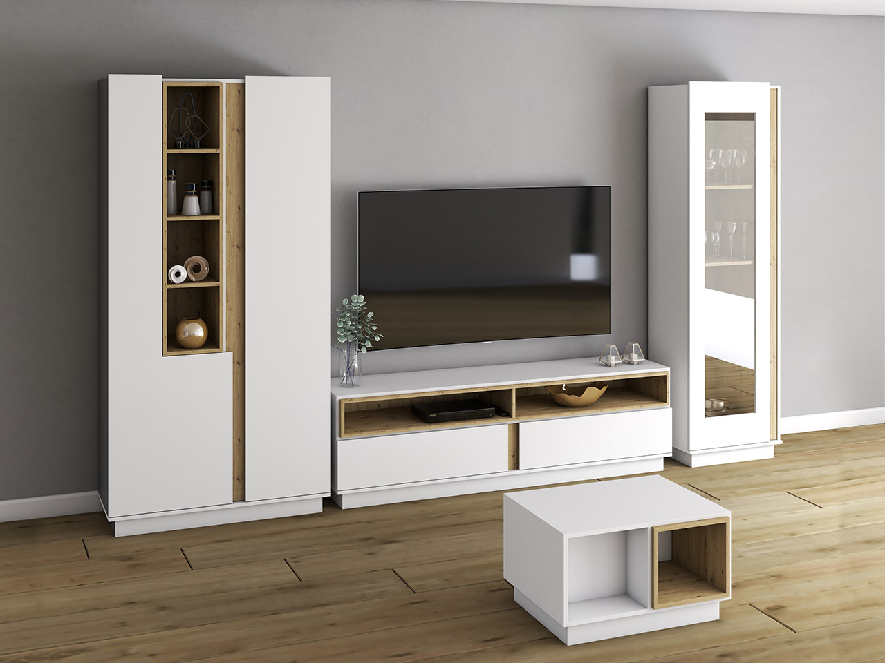 meble do salonu ESPEN biały, dąb artisan