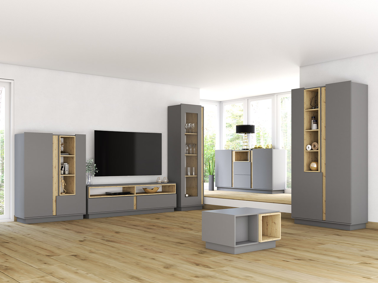 meble do salonu ESPEN szary, dąb artisan