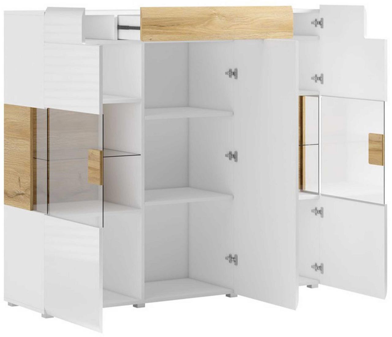 Wysoka komoda ze szkłem froncie i szufladą do salonu lub pokoju - ARONA WM Biały połysk / San remo - 2