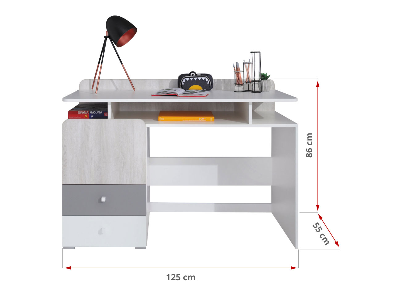 Zestaw mebli młodzieżowych z szafą narożną i łóżkiem 90x200 - COSMO B Biały lux / Dąb Wilton biały / szary - 36_4