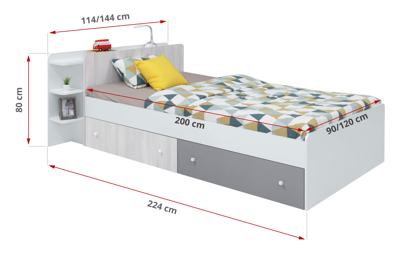 Zestaw mebli młodzieżowych z szafą narożną i łóżkiem 90x200 - COSMO B Biały lux / Dąb Wilton biały / szary - 36_6