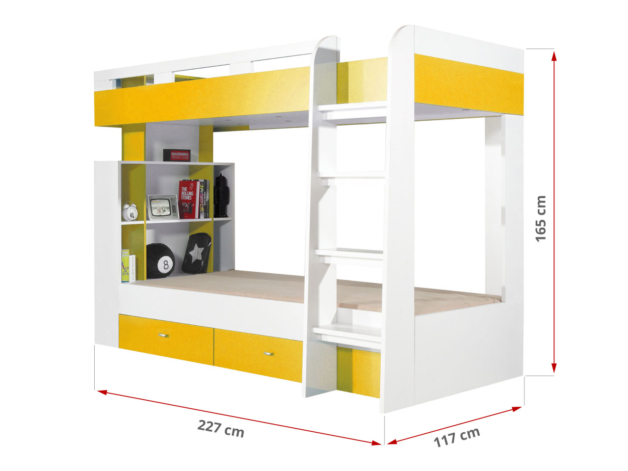 Łóżko piętrowe z drabinką, pojemnikami na pościel oraz półkami w białym kolorze - MODES Biały Lux / Żółty - 47_1