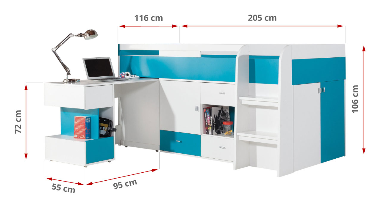 Łóżko jednoosobowe 90x200 cm z wysuwanym biurkiem do pokoju młodzieżowego - MODES Biały Lux / Turkus - 47_1