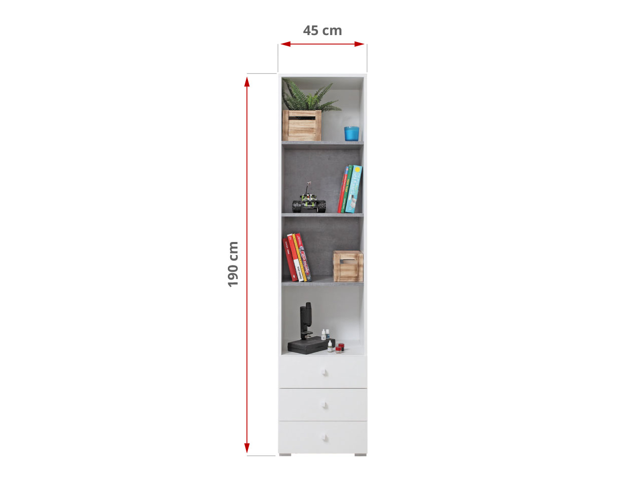 Pojemny regał na książki razem z szufladami do pokoju - SILVA - Biały Lux / Beton - 68_1