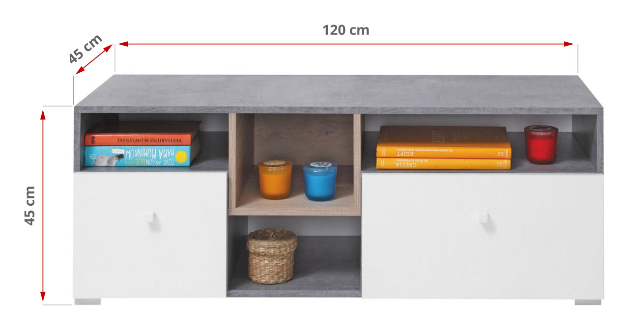 Szafka RTV z szufladami i półką pod telewizor do pokoju nastolatka - SILVA - Beton / Biały Lux / Dąb - 50_1