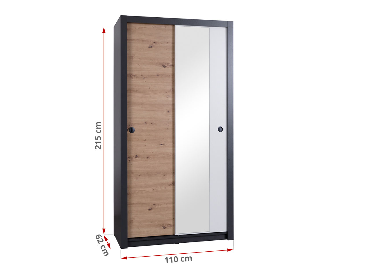 Modna szafa przesuwna 110 cm z lustrem na froncie i opcją oświetlenia - GETA - Grafit / Biały / Dąb Artisan - 23_1