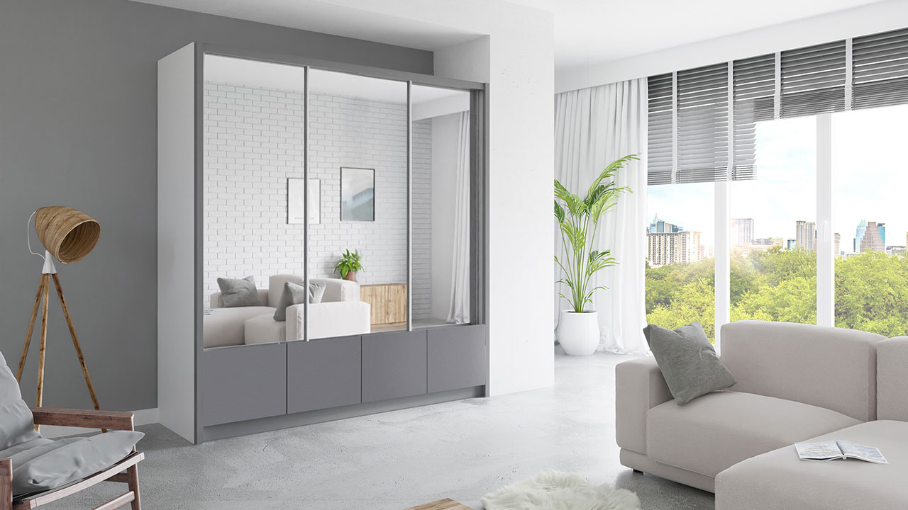 szafa biało szara dwudrzwiowa z lustrami