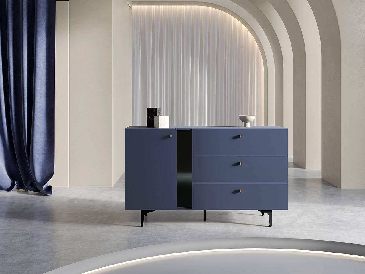 Granatowa komoda aranżacja