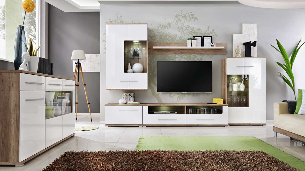 meblościanka KASHMIR biały połysk i dąb monument