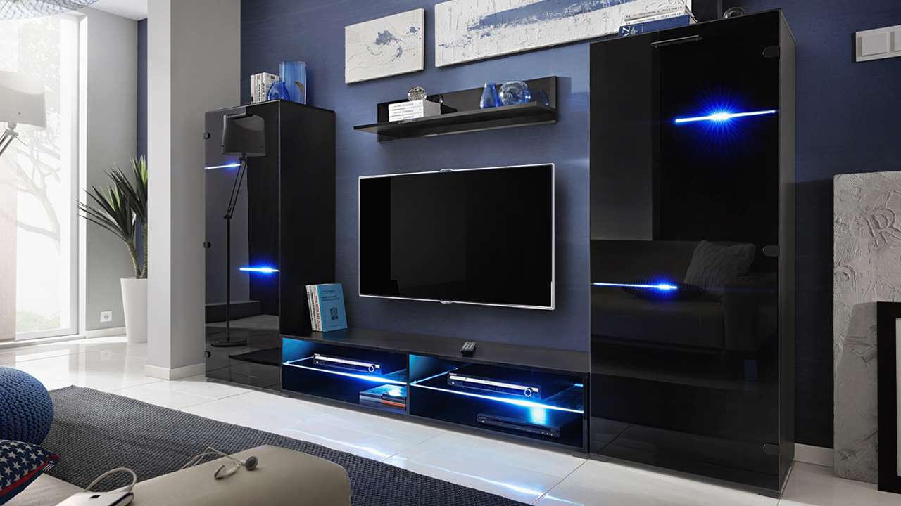 meblościanka  MANILA czarne szkło i czarny mat