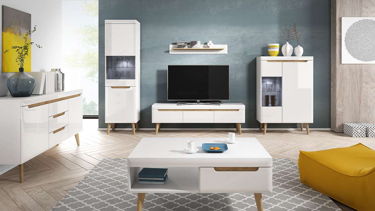 meble systemowe LEIDA biały połysk, dąb riviera