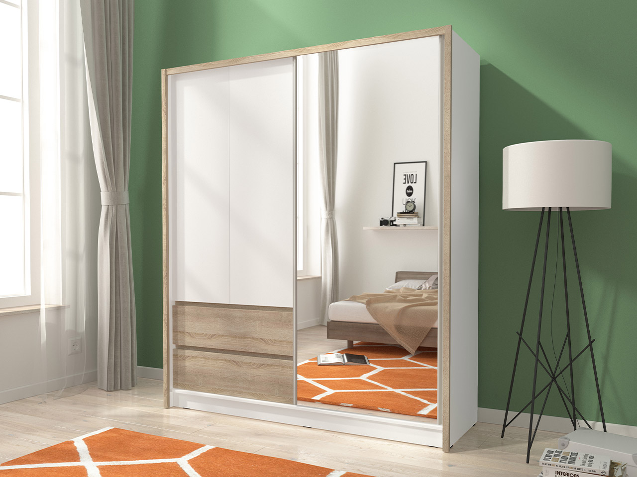 szafa biała, dąb sonoma z lustrem 184 cm FLORIA