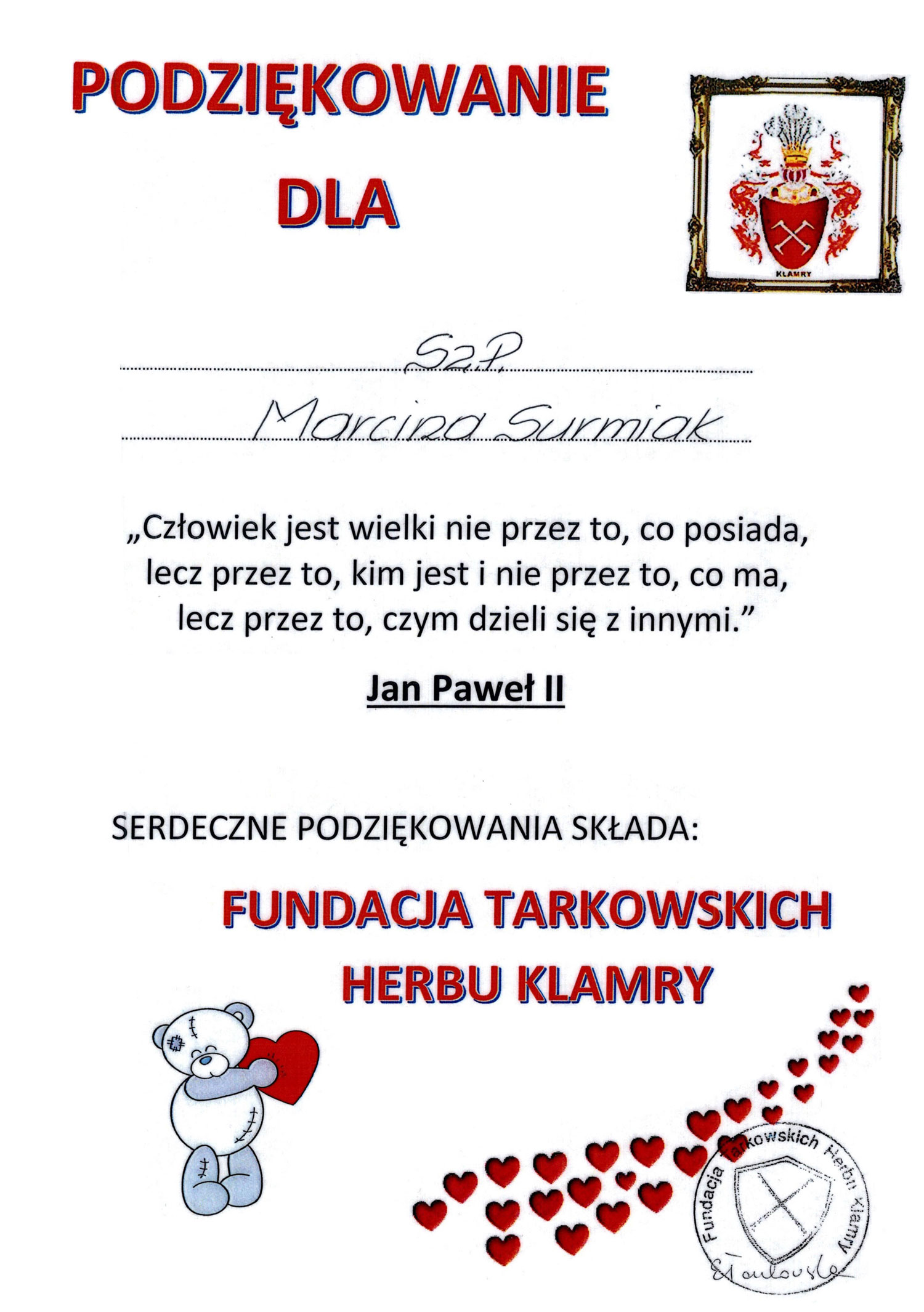 dyplom od Fundacji Tarkowskich