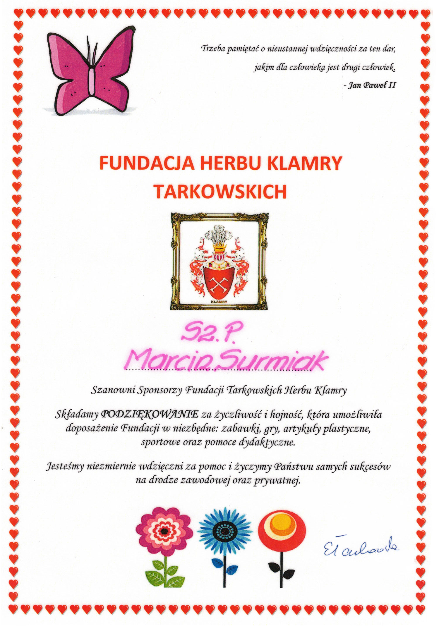 dyplom z Fundacji Tarkowskich
