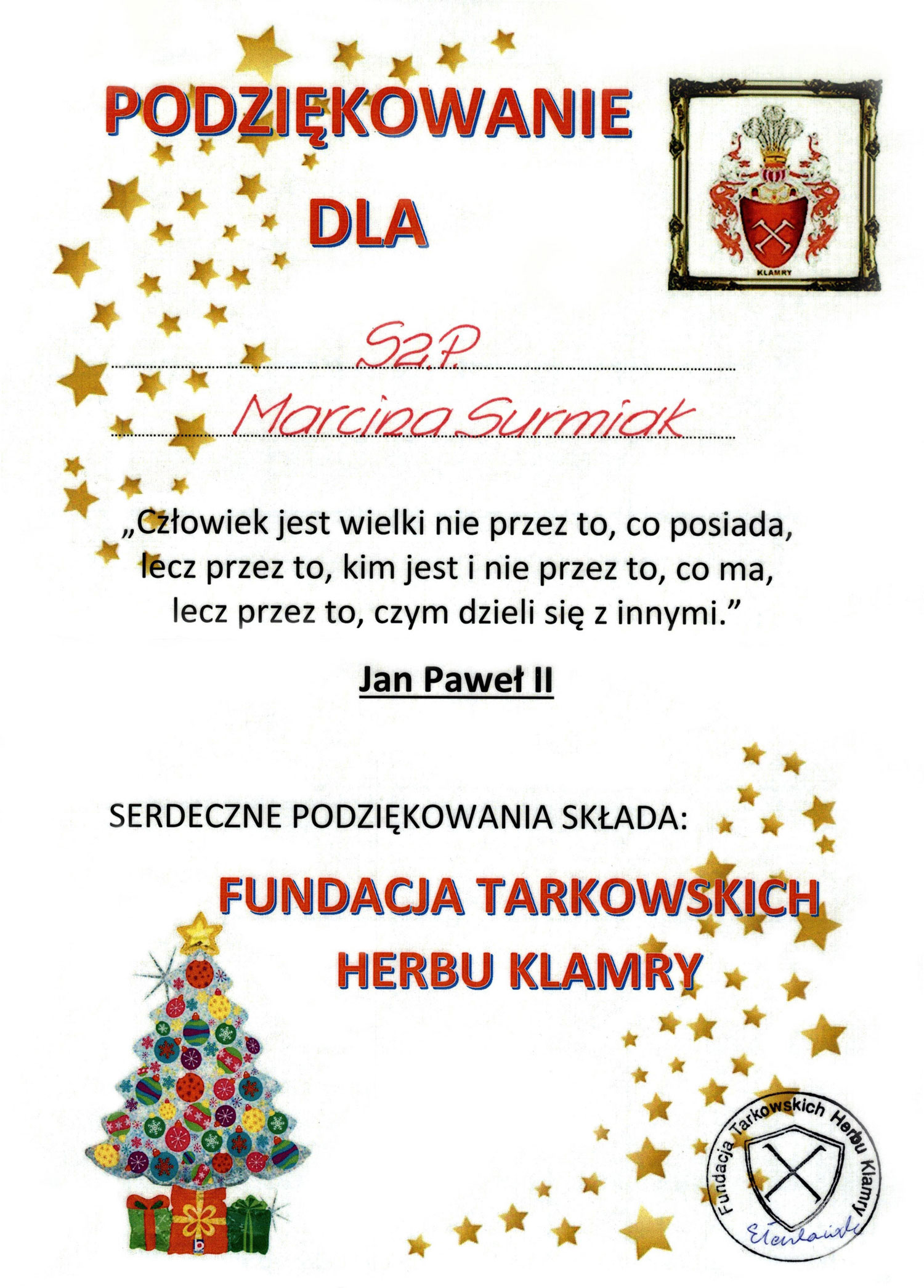dyplom z podziękowaniami od Fundacji Tarkowskich