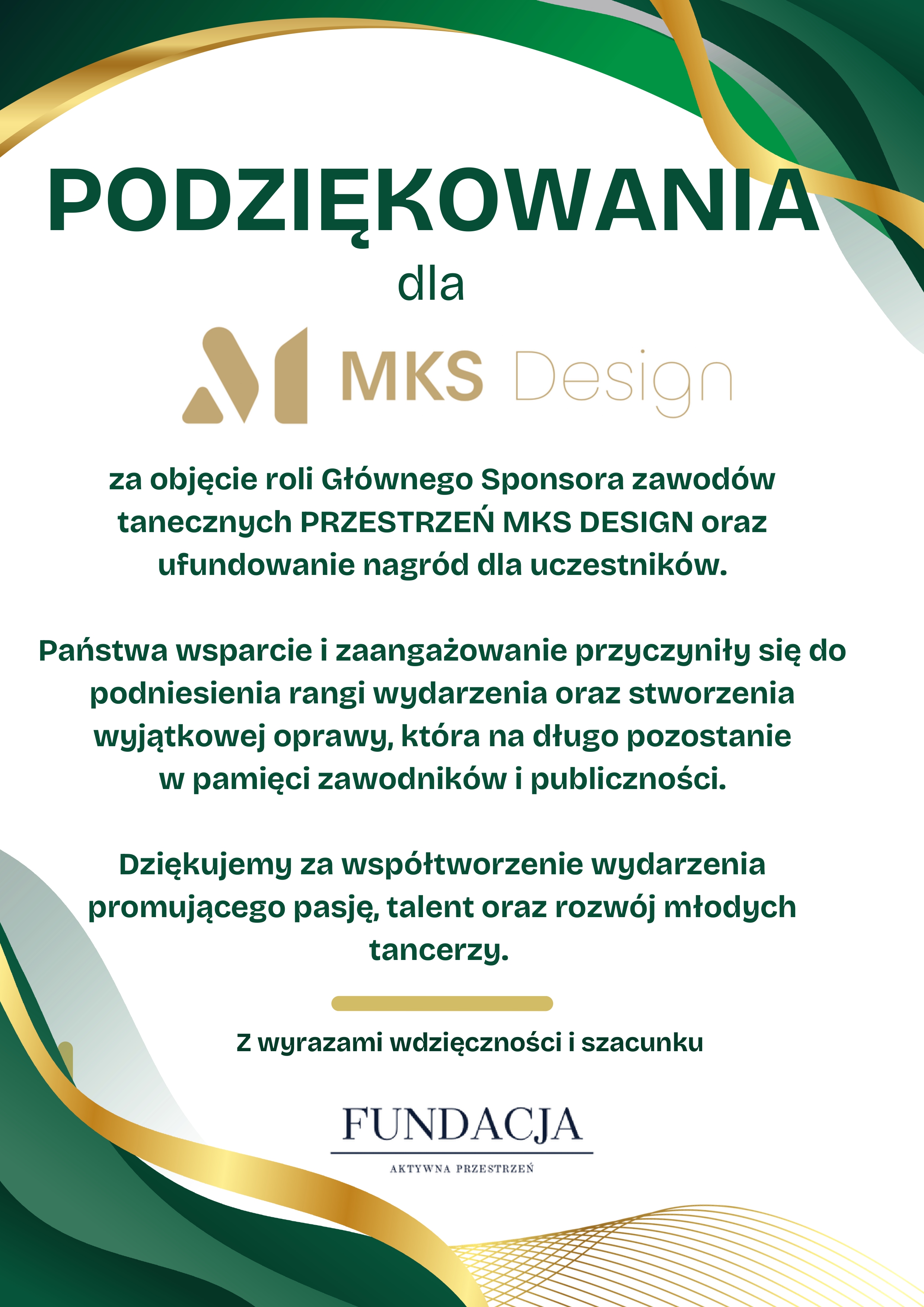 Podziękowanie – Ogólnopolski Turniej Tańca PRZESTRZEŃ MKS DESIGN