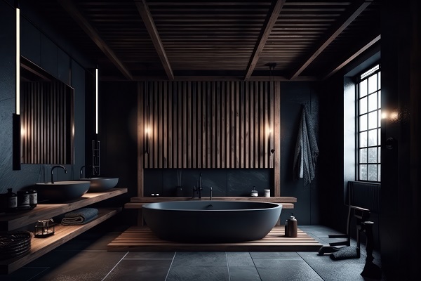 Czarna łazienka z drewnem - ciekawe propozycje